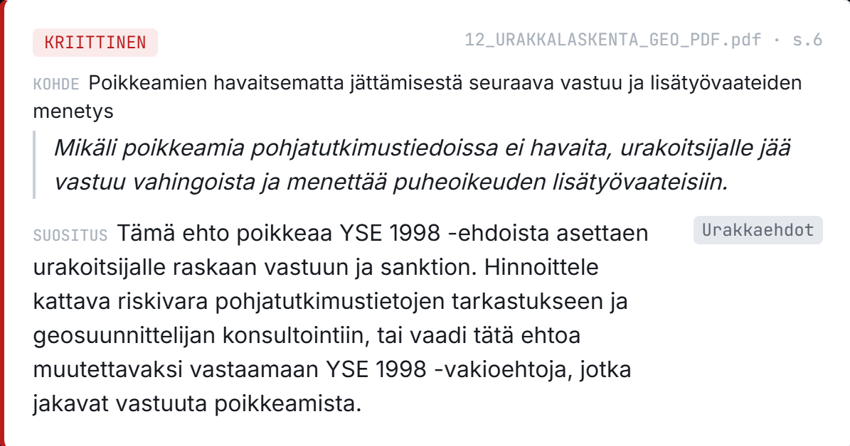Riskikortti, jossa näkyy vakavuusluokitus, lainaus asiakirjasta, toimintasuositus sekä lähdeviite tiedostoon ja sivunumeroon.